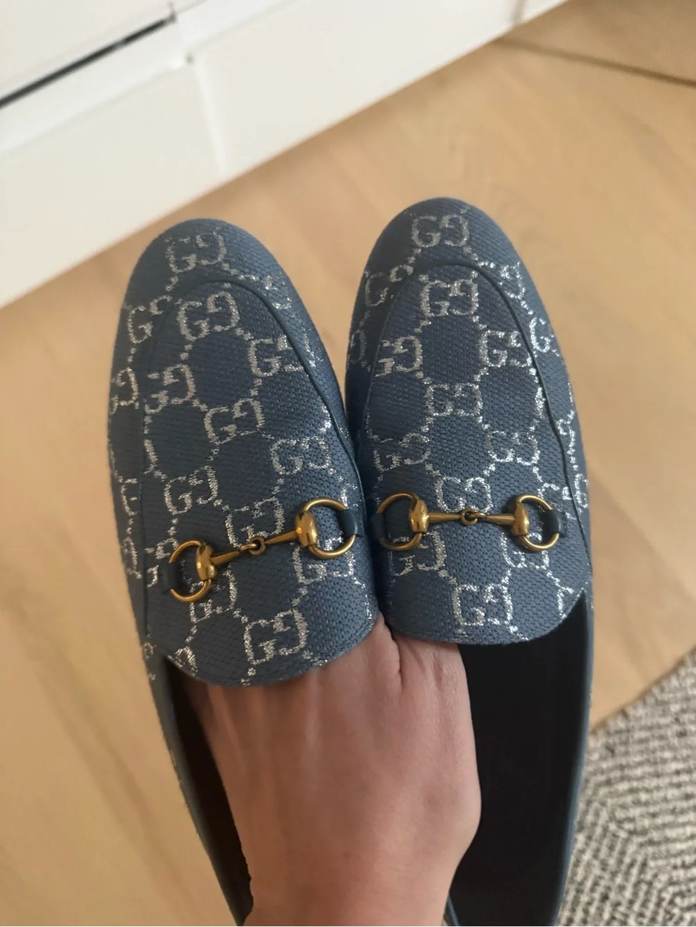 Gucci Horsebit Jordaan Lame Fabric Loafers Blue Silver Size 37.5
